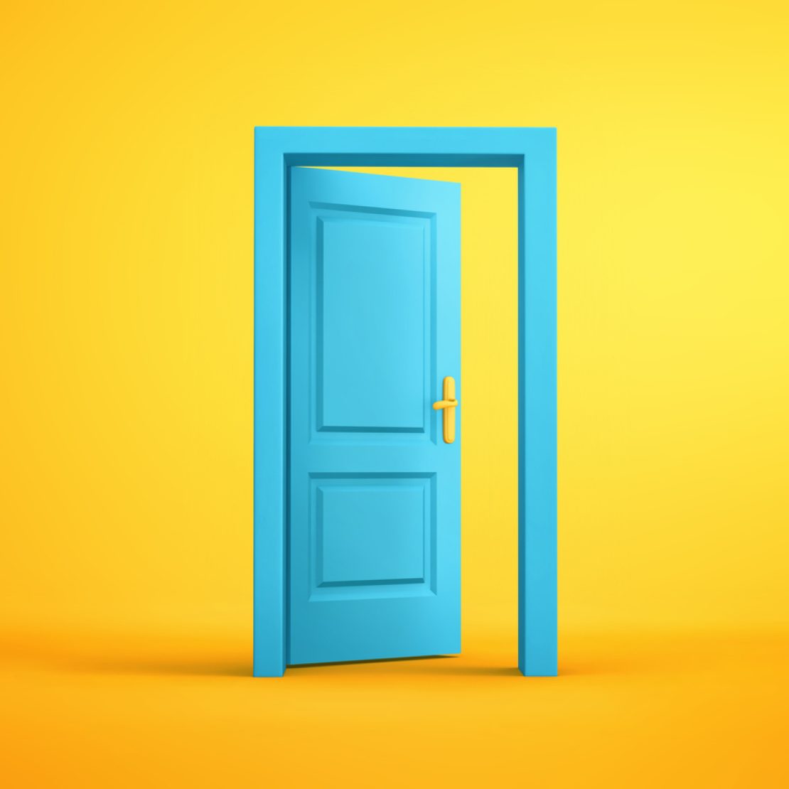 Teal door opening away from the viewer in a yellow nondimensional space